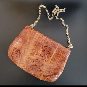 VTG Caramel Brown Snakeskin Leather Gold Chain Link Evening Festival Concert Bag
